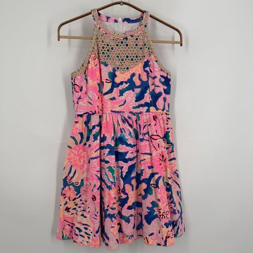 Lilly Pulitzer Pink Blue Kinley Swirling Seadream Floral Fit & Flare Dress Sz 14